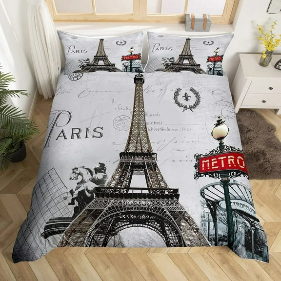 Vintage Eiffel Tower Duvet Cover Set Modern 3D Paris Theme Bedding Sets World Famous City Landscape