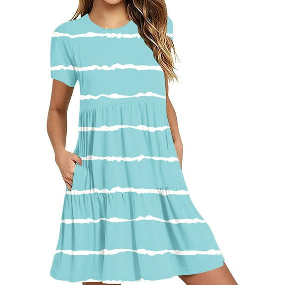 Erwazi Summer Casual Dresses for Women Swing Short Sleeve T Shirt Dresses Tiered Flowy Beach Mini Dress with Pockets