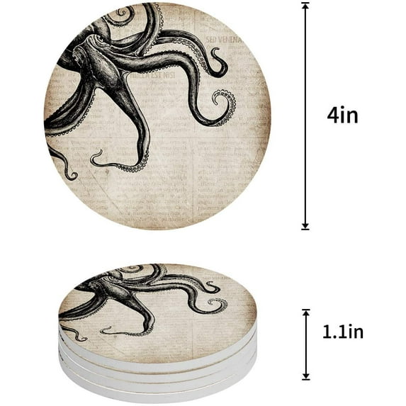 FMSHPON Ocean Theme Giant Octopus Mythical Nautical Sea Monster Life Set of 4 Round Coaster for Drinks, Absorbent Ceramic Stone Coasters Cup Mat with Cork Base for Coffee Table Bar Decor