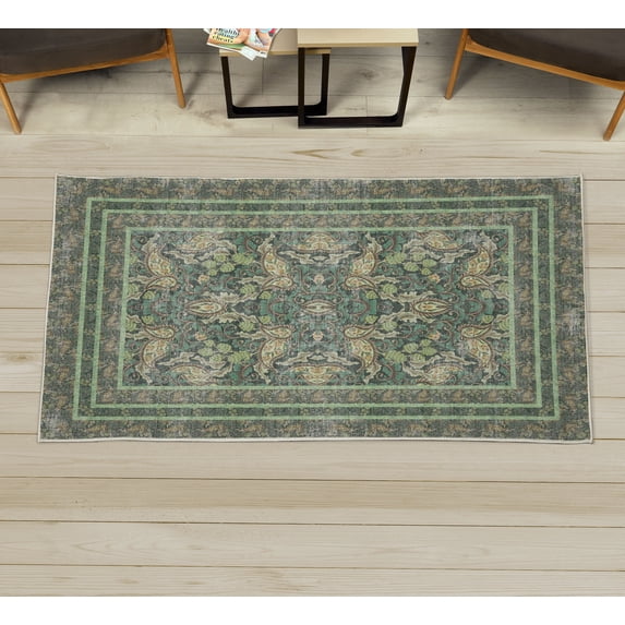 Eastern Decorative Rug, Oriental Culture Pattern of Paisley Bloom Flowers and Bohemian Leaves, Quality Carpet for Bedroom Dorm and Living Room, 6 Sizes, Laurel Green, by Ambesonne