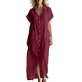 thumbnail image 2 of Uscallm Women's Collared Short Sleeve Button Down Maxi Dress Flowy Casual Long Dresses Solid Boho Beach Vacation Sundress, Wine M, 2 of 7