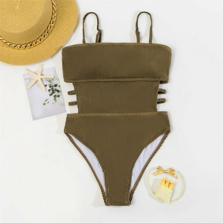 Aayomet One Piece Bathing Suit For Women Tie Criss Cross Plunge One Piece Thong Swimsuit High Cut Brazilian Bathing Suit Coffee M