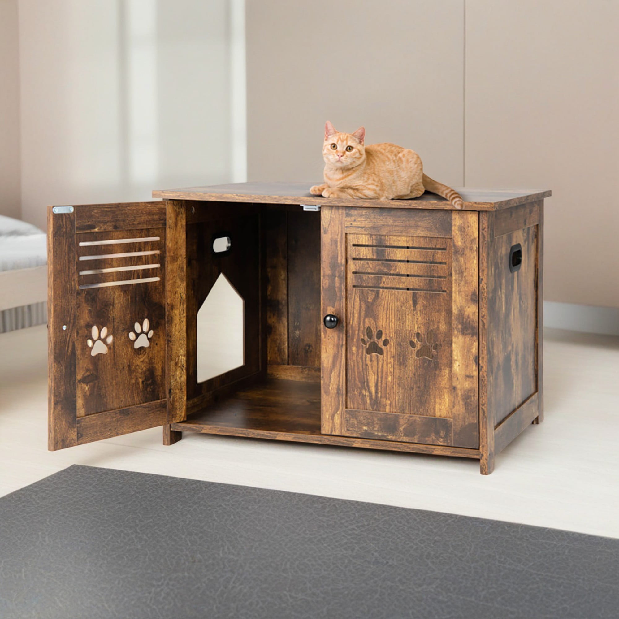 resenkos 27" Cat Litter Box Enclosure, Hidden Litter Box Furniture, Wood Cat House Washroom Cabinet Fit for Most of Cat and Litter Box, Brown