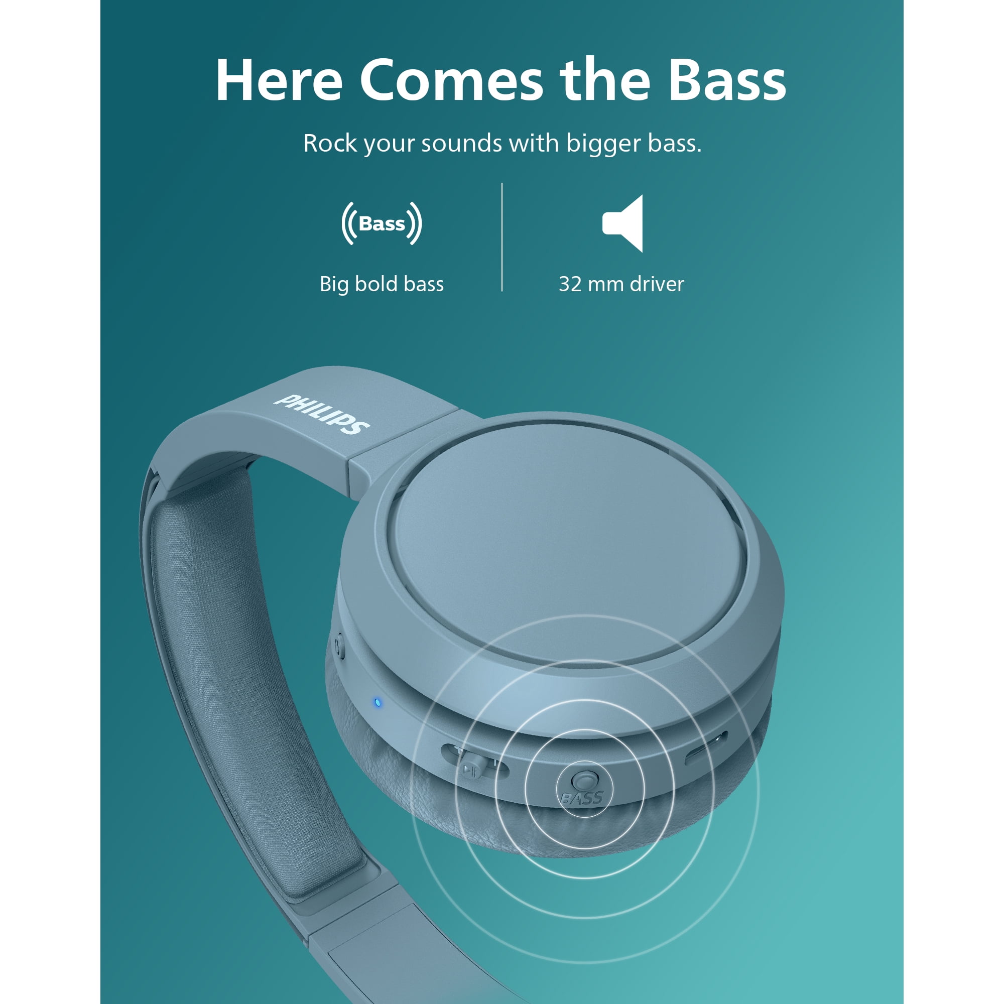 Philips H4205 on-Ear Wireless Headphones with 32mm Drivers and BASS boost on-Demand, Blue