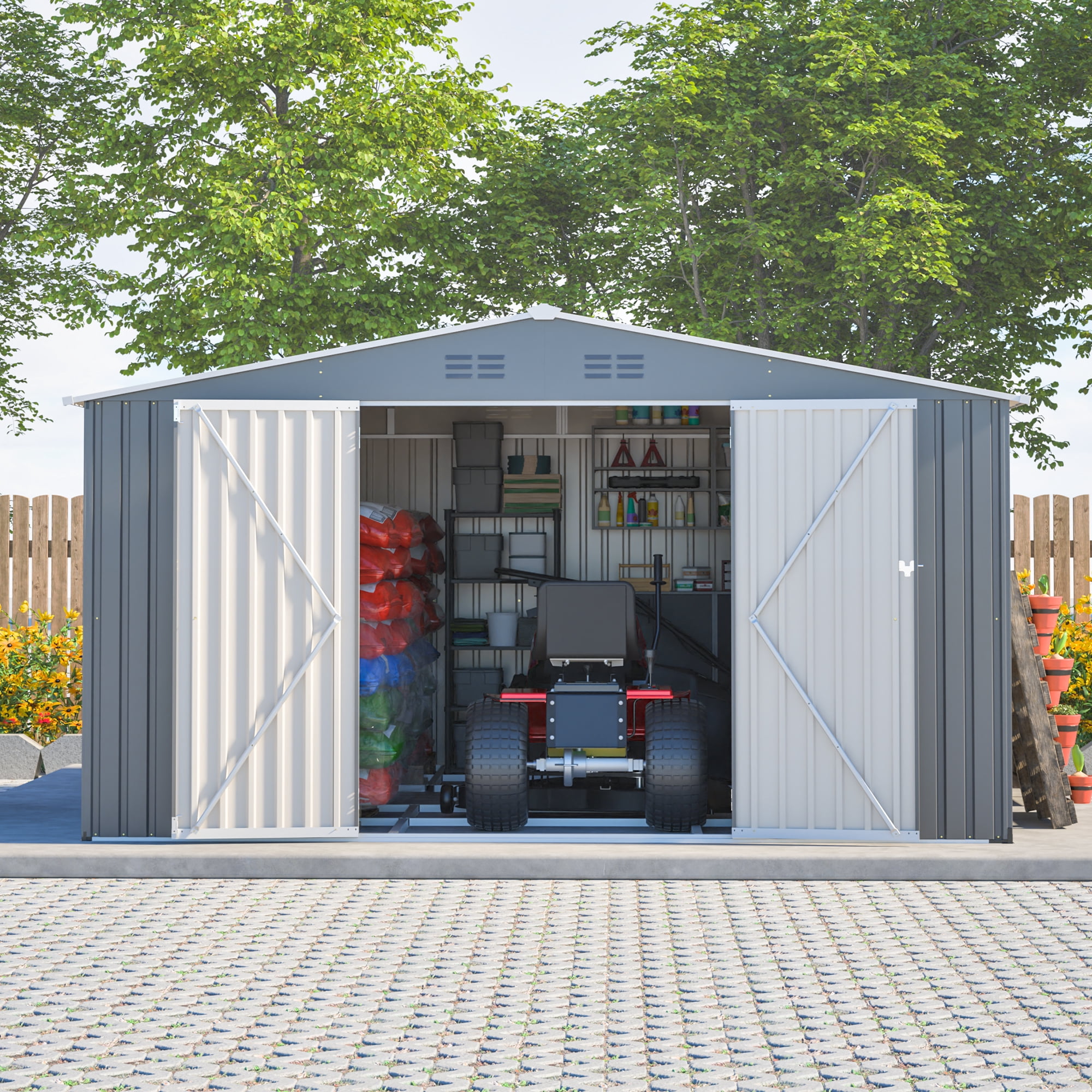 LZBEITEM 12'x14' Outdoor Metal Shed with Floor Frame kit , Updated Frame & Lockable Doors for Backyard, Garden, Lawn, Gray