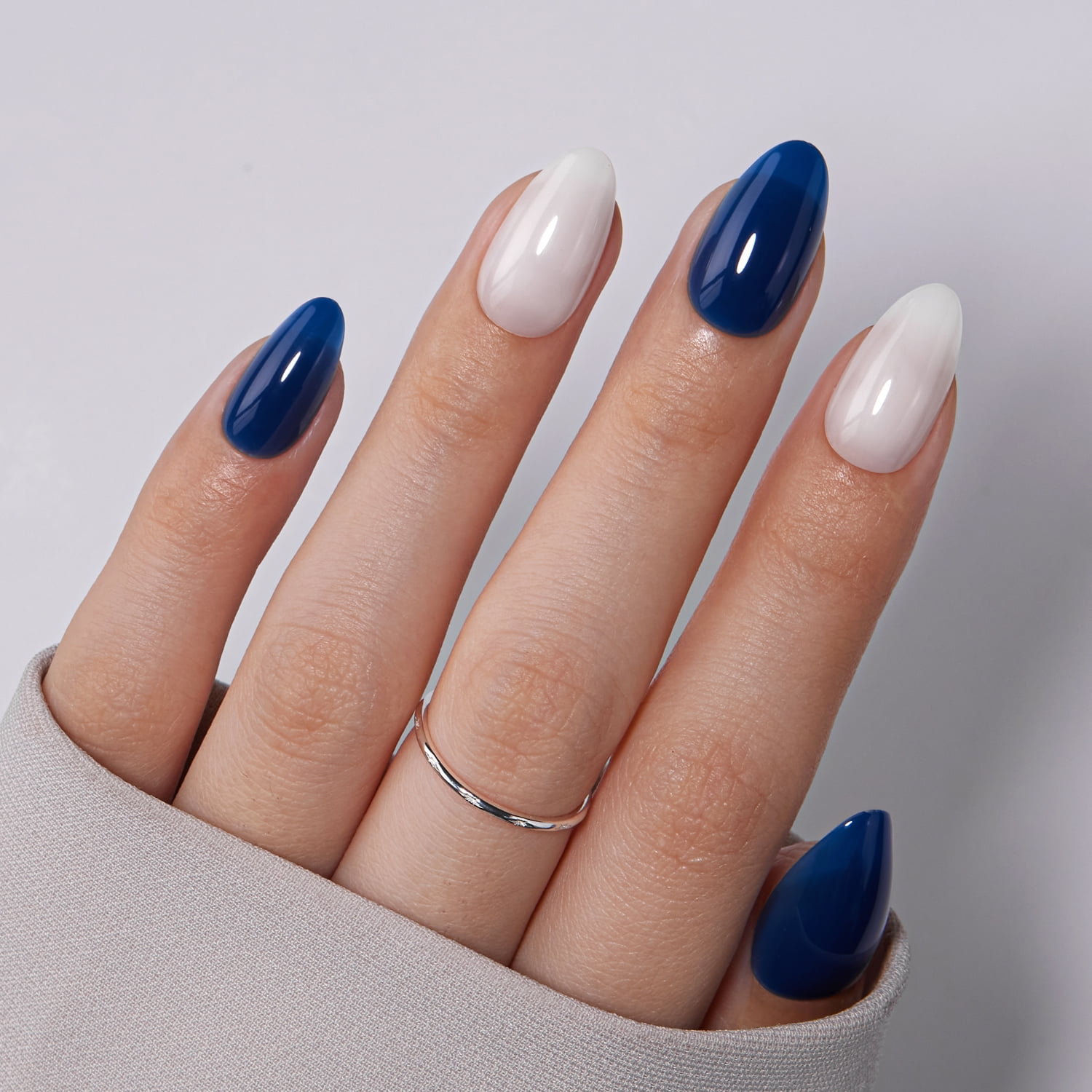 VSALON Press On Nails Short Almond - 42 PCS Navy Blue Cream and White Semi-Transparent Fake Nails for Women，32 Main Nails in 16 Sizes & 10 Alternative Nails - Lamp Curable Glue on Nail with Tool Kit