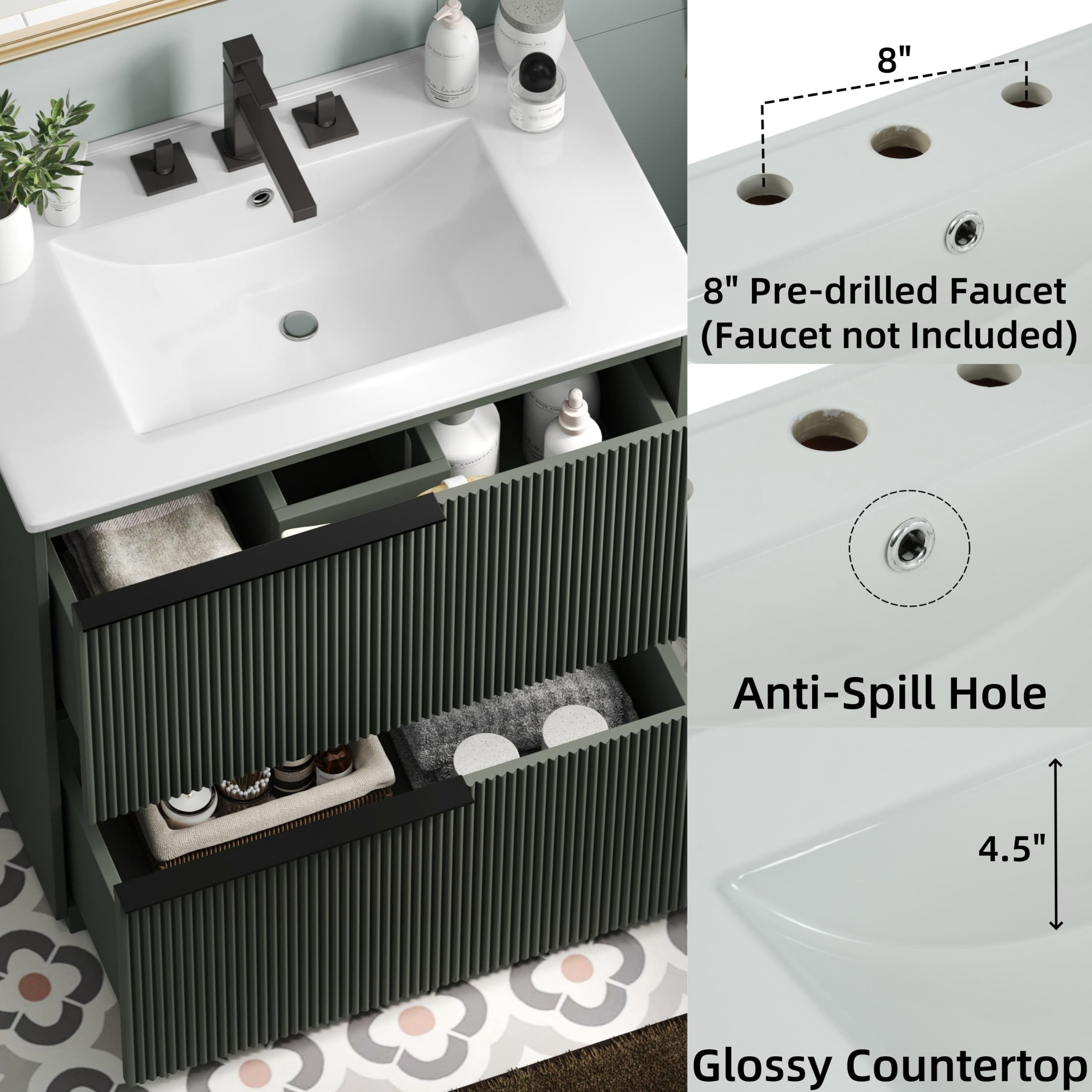 Christopher Knight Home 30" Bathroom Vanity with Ceramic Sink and Soft Close Drawers, Fluted Design, Green