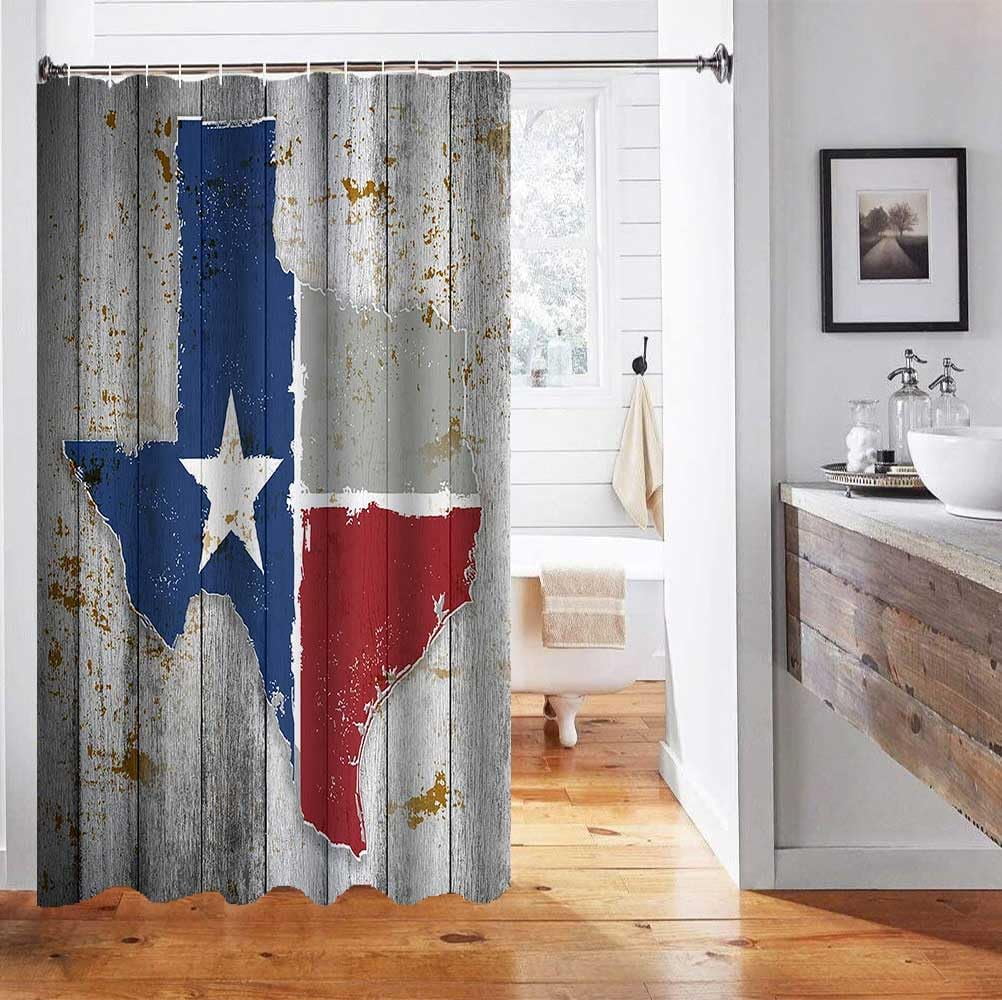 Texas Map Shower Curtain, Western Shower Curtain, Blue Red Texas Star Flag Lone Star Country Vintage Rustic Farmhouse Bathroom Decor, Waterproof Fabric Grey Shower Curtain, 72 X 72 Inch