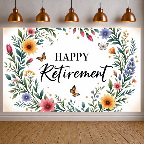 Colorful Florals Happy Retirement Banner Butterfly Accents Retirement Backdrop Gold Glitter Details Elegant Calligraphy Celebration Banner for Retirement Party Office Celebration Home Gathering