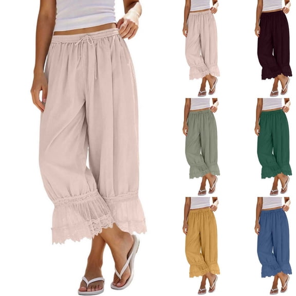 Byworldtasic Women Pants Ruffle Long Bloomer Y2k Lace Trim Pettipants Pantaloons Mid Rise Cropped Pajama Pants