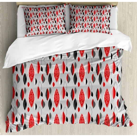 Mid Century King Size Duvet Cover Set, Abstract Oval Leaf Forms with Different Designs and Color Combinations, Decorative 3 Piece Bedding Set with 2 Pillow Shams, Red Black Pale Grey, by Ambesonne