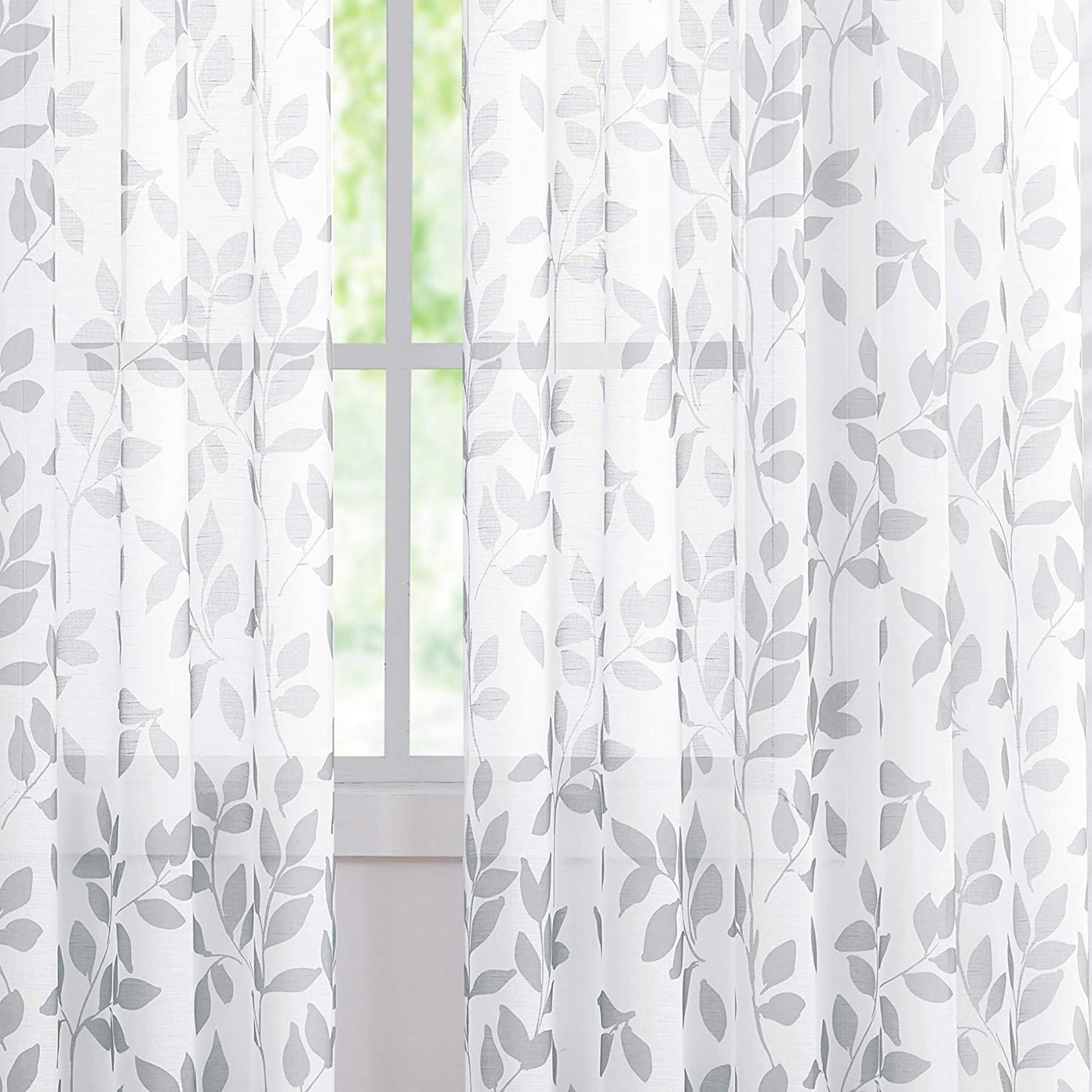 Exultantex White and Grey Sheer Curtains Leaf 84 inch Long 2 Panels Rural Garden Linen Textured, Rod Pocket