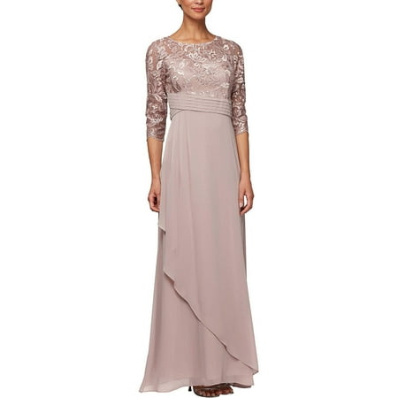 Alex Evenings Scoop Neck 3/4 Sleeves Back Zipper Shimmering Long Embroidered Sequin Dress-ORCHID / 6