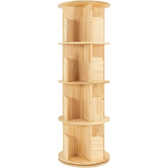 4 Tier Bookshelf Rotating Wood Storage Bookcase, 360° Rotating Bookshelf, Floor-Standing Cylinder Storage Display Rack for Home, Living Room, 17.7 x 50.4In