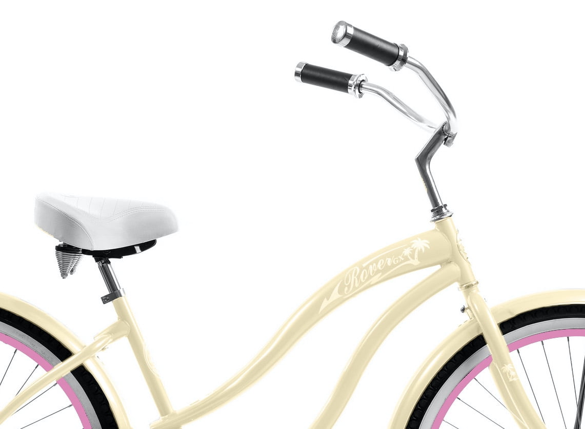Wonder Wheels 26 In. Beach Cruiser Coaster Brake Single Speed Bicycle, Bike, Stainless Steel Spokes One Piece Crank Alloy Pink Rims 36 H With Fenders - Vanilla & Pink