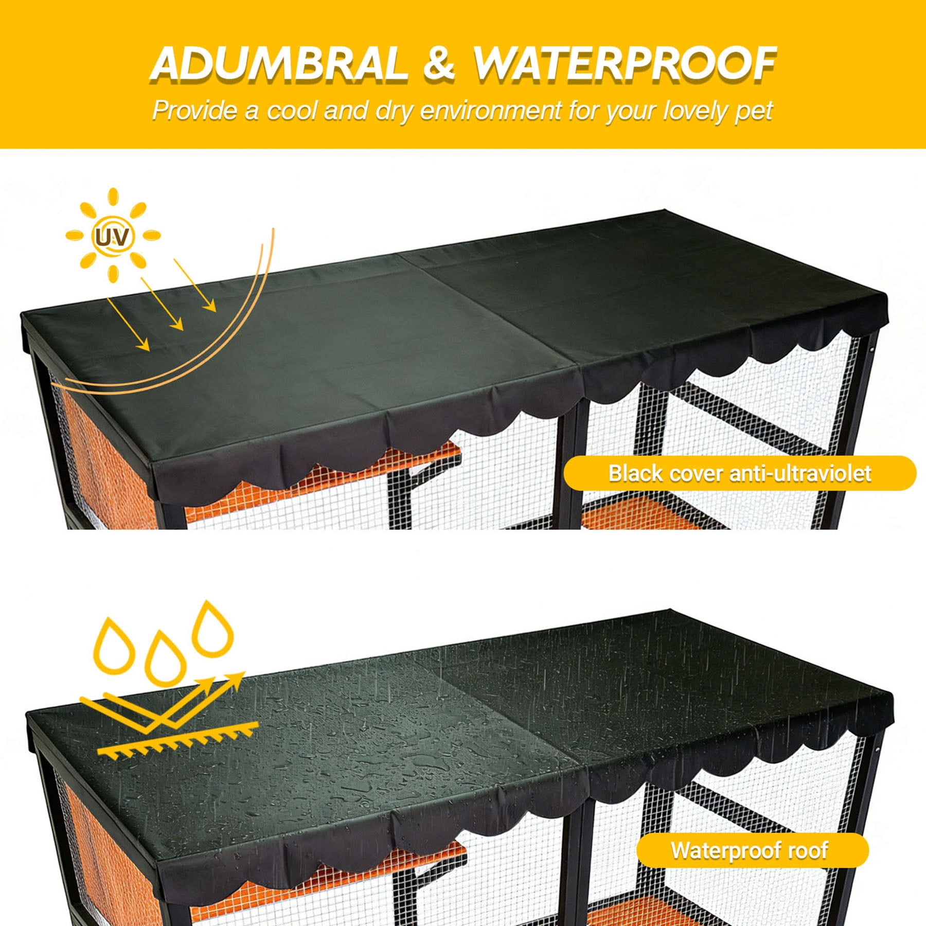 S-HOME Large Four-Tier Wooden Cat Enclosure in Black and Orange with Waterproof Cover and Ramp for Multiple Cats Indoor Outdoor Playhouse