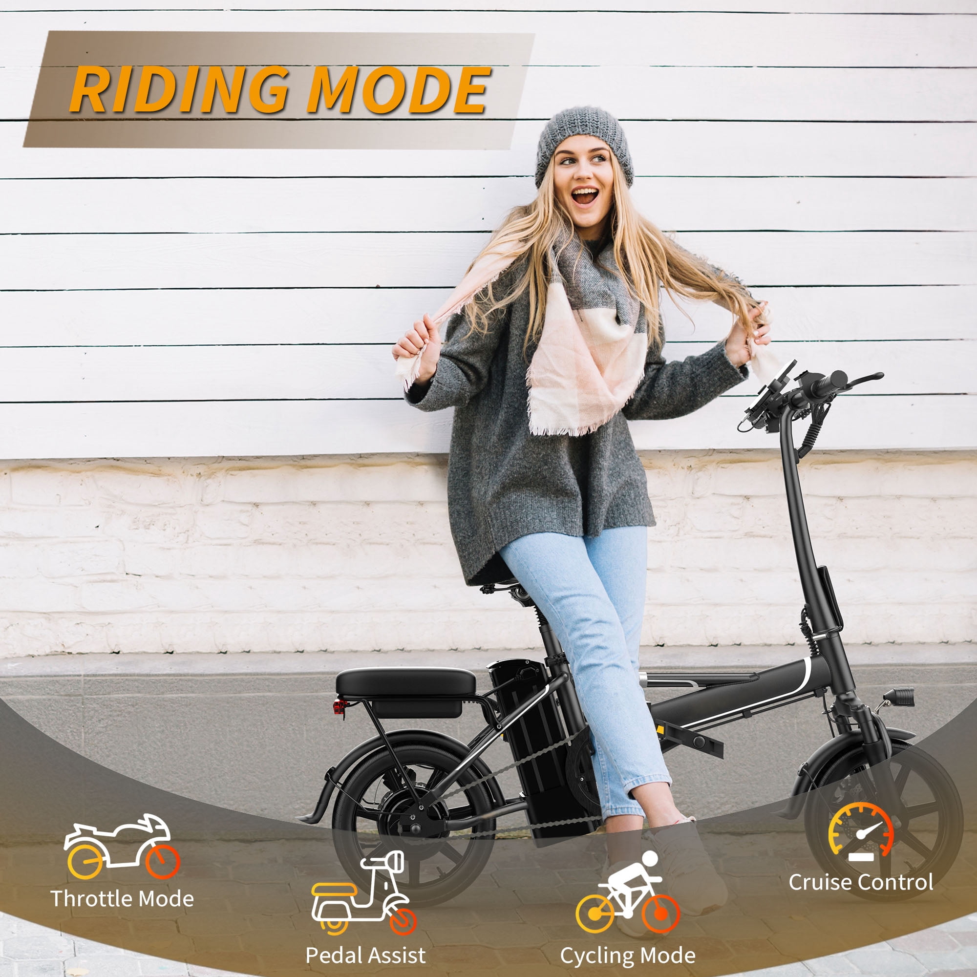 PORORO DC60 Folding Electric Bike, 14" E-Bikes for Adults, 500W Electric Commuter Bicycle 48V 10.4 Ah Removable Battery, Max Speed 20Mph, White