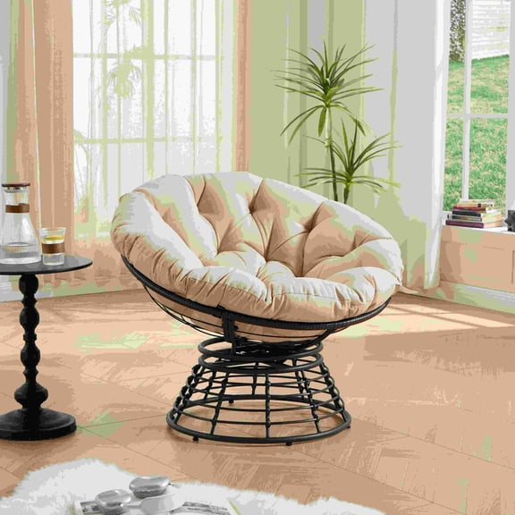 360° Swivel Papasan Chair with Thick Cushion for Living Room, Comfortable Ergonomic Rattan Chair for Bedroom Reading Room, Brown Frame Beige