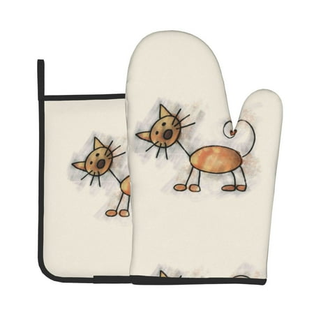 

KLL Brown Cat Cartoon Pattern Oven Mitts and Pot Holders 2pcs Sets for Kitchen Oven Mitt Heat Resistant 536°F Oven Gloves for Kitchen Cooking and Baking