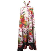 Mogul Women Magic Wrap Skirt White Floral Print  Silk Sari Two Layer Reversible Sarong Dress