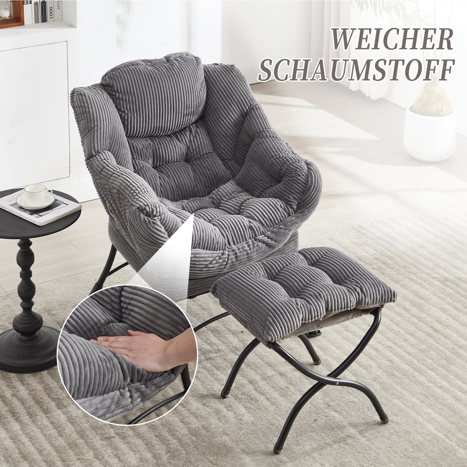 MOONMISS Accent Chair with Ottoman,with Armrests and Side Pockets、 Footrest for Living Room,Gray