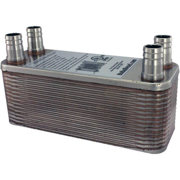 Duda Energy HX1230:HB34 B3-12A 30 Plate Stainless Steel Heat Exchanger with 3/4" Hose Barb Ports Copper Brazed, 2.9" Height, 2.9" Width, 7.5" Length