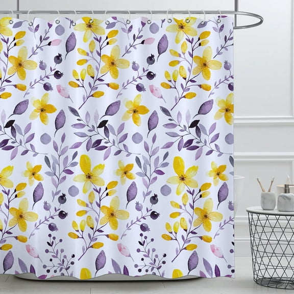 Floral Shower Curtain Yellow Purple Watercolor Botanical Shower Curtain Flower Leaves Bathroom Curtain Decor Waterproof with Hooks Polyester 72"W x 96"L (Pack of 1)
