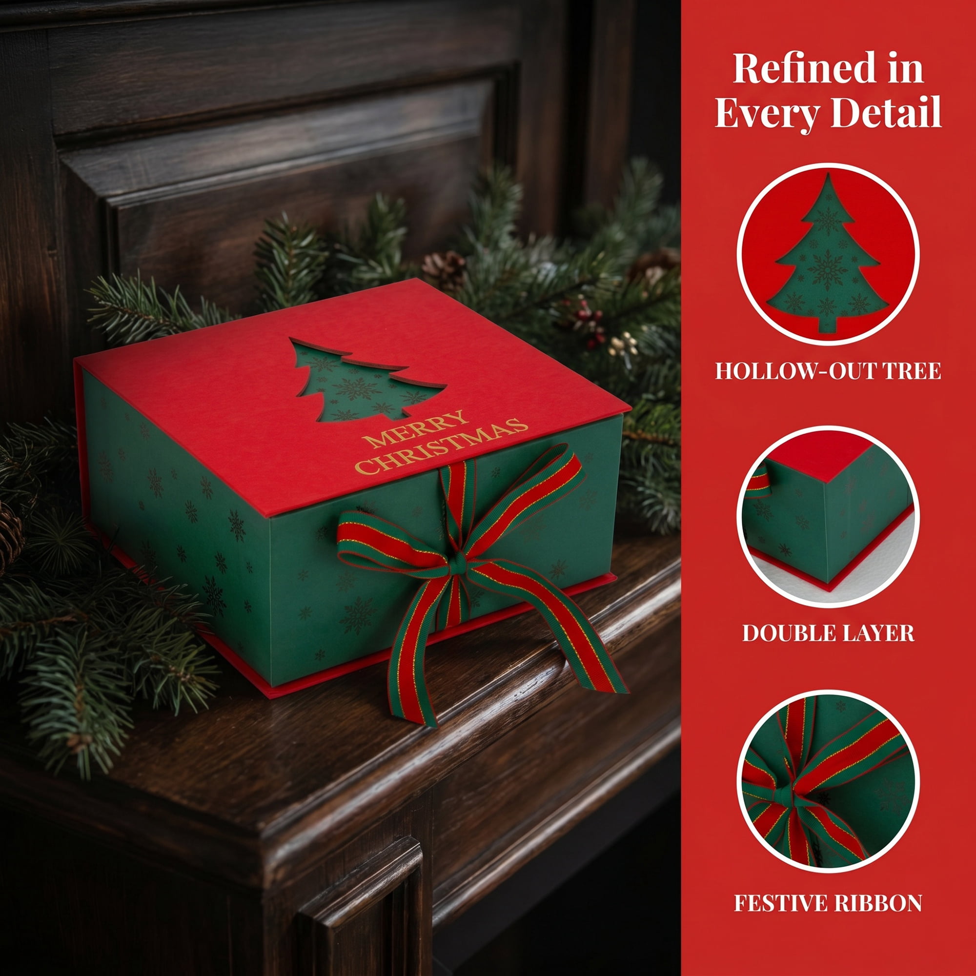 Unique Bargains Rigid Present Box with Christmas Tree Pattern Red 7.9" x 6.7" x 3.7"