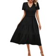thumbnail image 3 of Women Sundress Summer Floral Short Sleeve Wrap V Neck A-Line Midi Dress Black L, 3 of 8