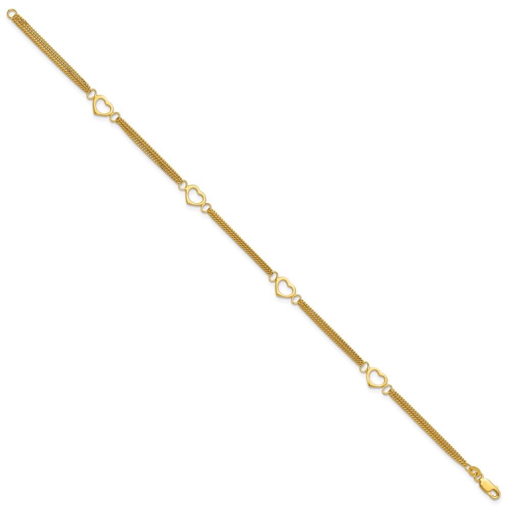 Sterling Silver Gold-tone Polished Heart Multi-Strand 10in Anklet