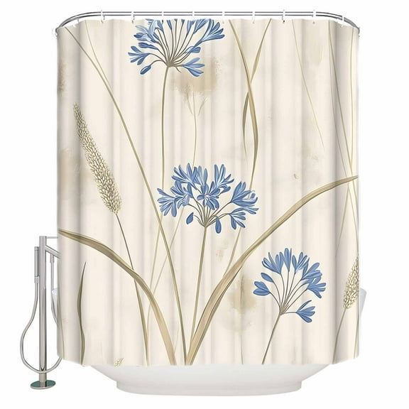 Extra Long Shower Curtain 72x96 Inch, Blue Floral Botanical Spring Shower Curtain Waterproof Bathroom Decor Farmhouse Beige Flowers Fabric Bath Curtain Set Accessories with Hooks