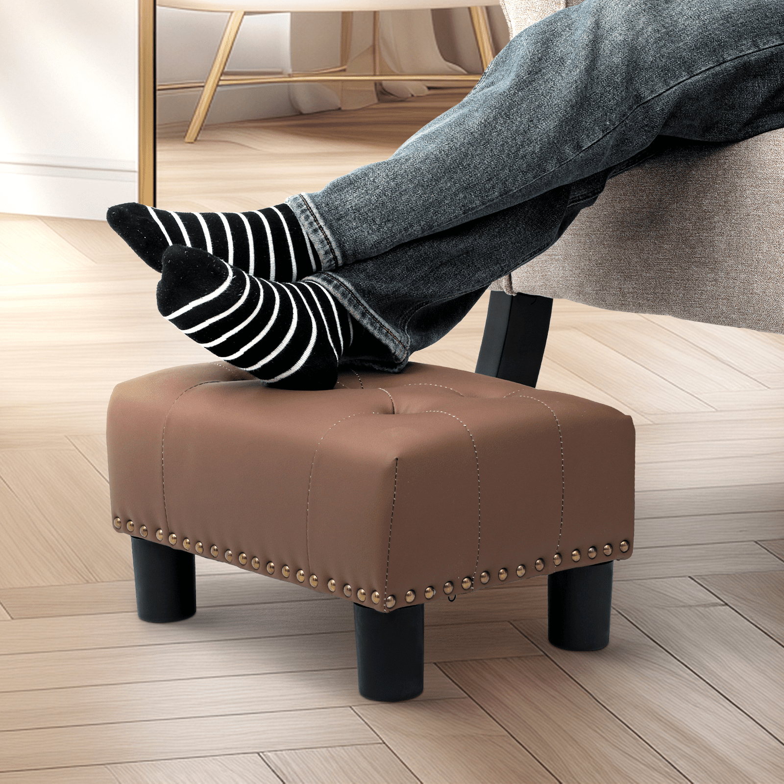 Magshion Foot Stool Ottoman with Padded Seat, Modern PU Leather Footrest, Rectangular Seat Stool, Brown