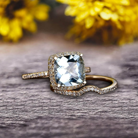 2.55 Carat 7mm Cushion Cut Aquamarine Engagement Ring Anniversary Gift With Matching Band On 10k Rose Gold Halo Design