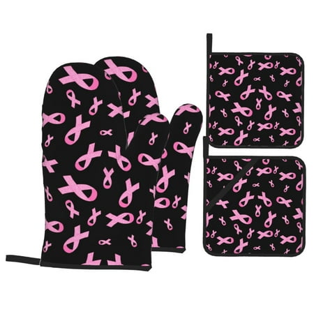 

Oven Mitts and Pot Holders Sets 4 pcs Breast Cancer Awareness Non-Slip Oven Gloves Potholders Soft Quilted Lining Heat Resistant Gloves Hot Pads for Kitchen Cooking Baking