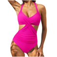 thumbnail image 1 of JUNWELL Women‘s Summer Seaside Ruched Halter One Piece Swimsuit Tummy Control V Neck Bathing Suit Fashion Printed Cutout Swimwear, 1 of 5