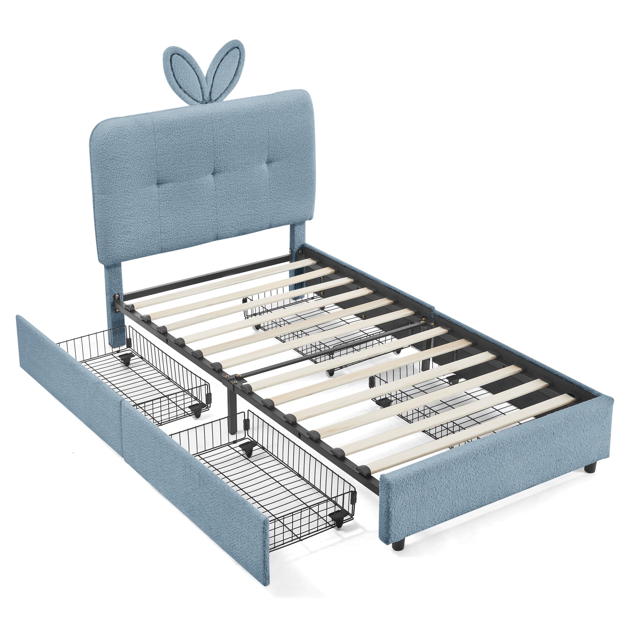 Noble House Bertis Twin Size Boucle Kids Bed, Rabbit Ear Headboard Bed Frame with LED Light and Storage Drawers, Navy