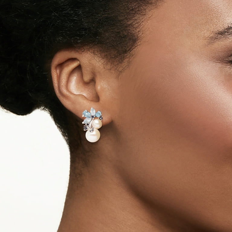 Ross Simons 6 8.5mm Cultured Pearl and 2.00 ct. t.w. Sky Blue Topaz and London Blue Topaz Earrings With .10 ct. t.w. Sapphires in Sterling Silver