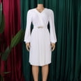 thumbnail image 3 of AURA Womens Elegant V Neck Pleated Midi Dress Long Puff Sleeve High Waist A Line Zipper With Belt, 3 of 10