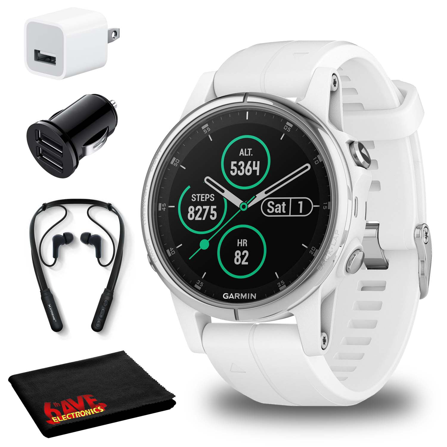 Garmin fenix 5S Plus Multi-Sport Training GPS Watch (42mm, White Carrera White Band) Car Adapter, Adapter and Bluetooth Earbuds -