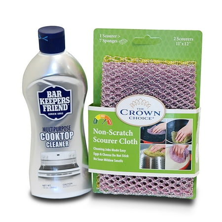 BAR KEEPERS FRIEND Cooktop Cleaner Kit. Liquid (13 OZ) and Non Scratch Scouring Dishcloth | Multipurpose, Glass Ceramic Stovetop, Soft Cleaner and Non Scratch Dish (Glass Pro Bartender's Best Friend)