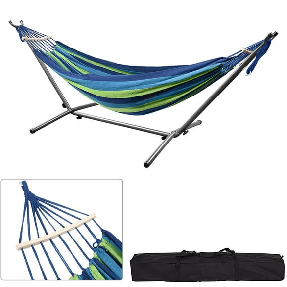 9FT Double Hammock with Hardwood Spreader Bar and Heavy duty Steel Stand, 450lbs Capacity, Included Carrying Case for Indoor Outdoor