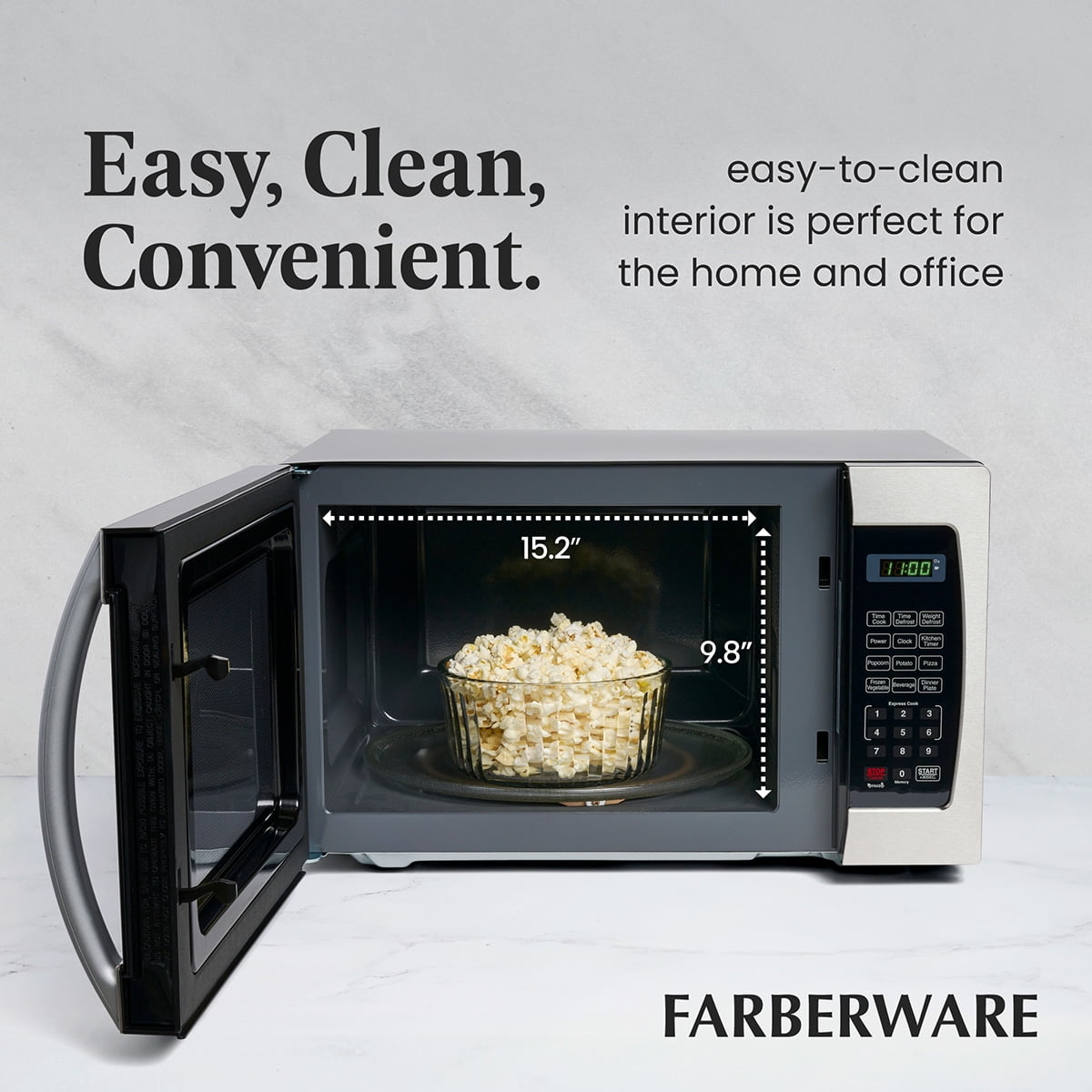 Farberware 1.3 cu ft Microwave Oven, 1100W Compact Microwave Oven with Smart Sensor, Stainless Steel