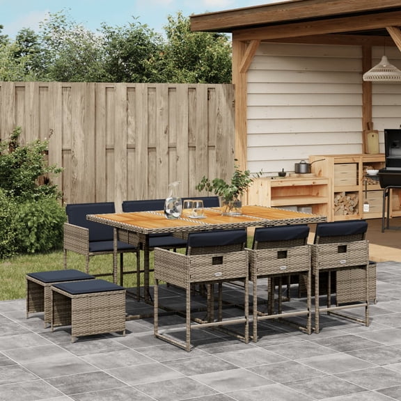 vidaXL 11 Piece Patio Dining Set with Cushions Gray Poly Rattan