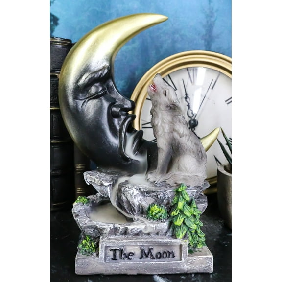 Howling Wolf Guardian of The Sacred Crescent Moon Backflow Cone Incense Burner