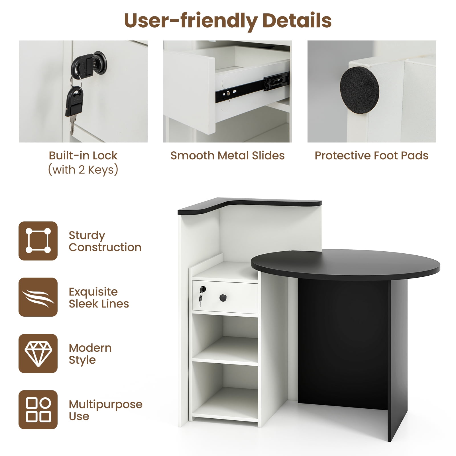 Giantex Reception Desk, Computer Workstation w/Lockable Drawer & Open Shelves, Checkout Counter, Black & White