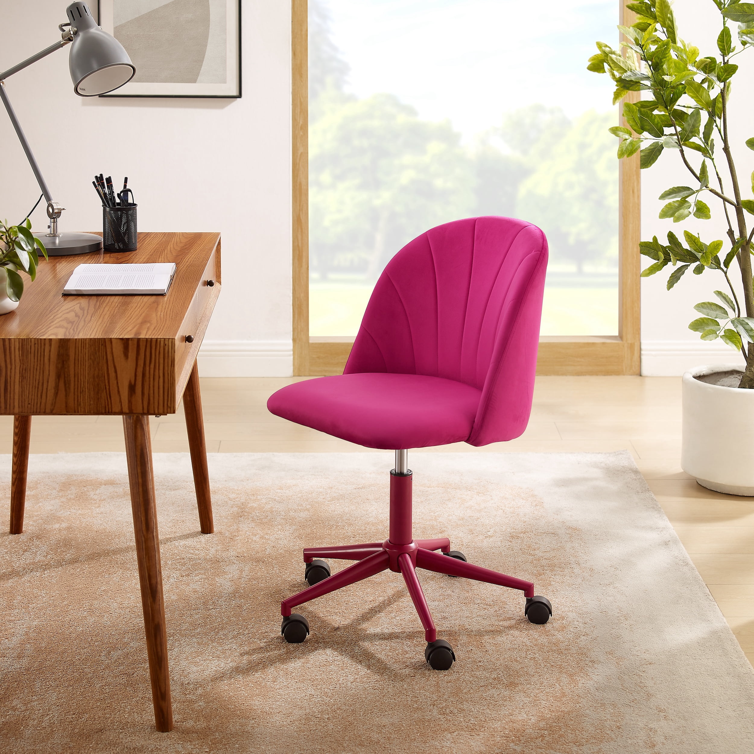 Linon Alondra Upholstered Mid Back Office Desk Chair with Castors, Hot Pink