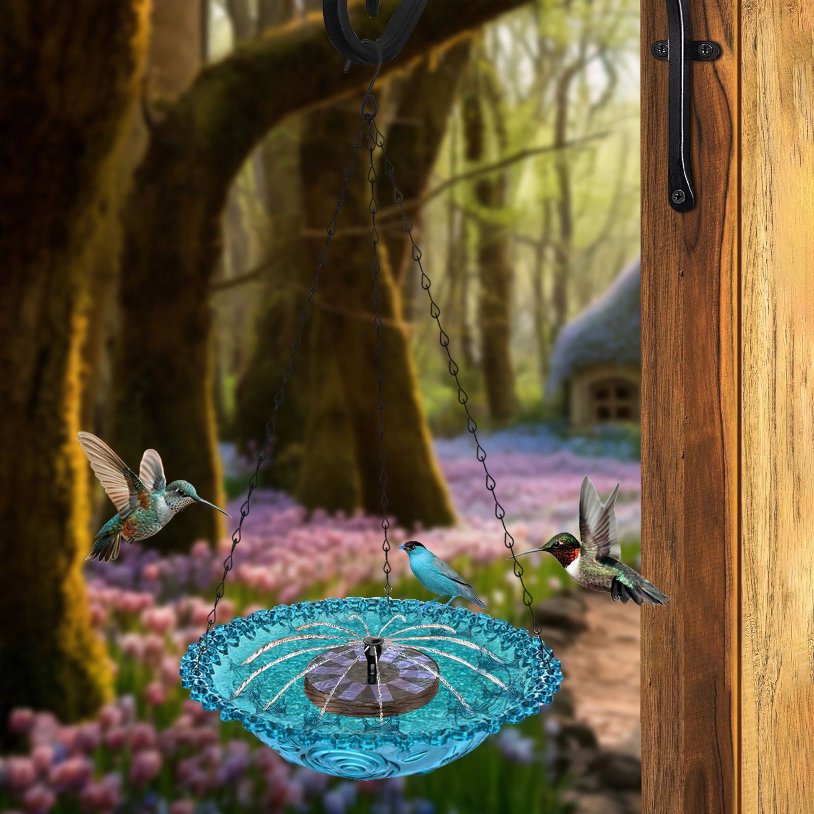 Solar Cascade Hanging Bird Bath Fountain, Metal Solar Powered Birdbath with Water Pump, Weatherproof Hanging Water Feature, Large Humming Birds Baths Fountains for Outdoor, Gardens