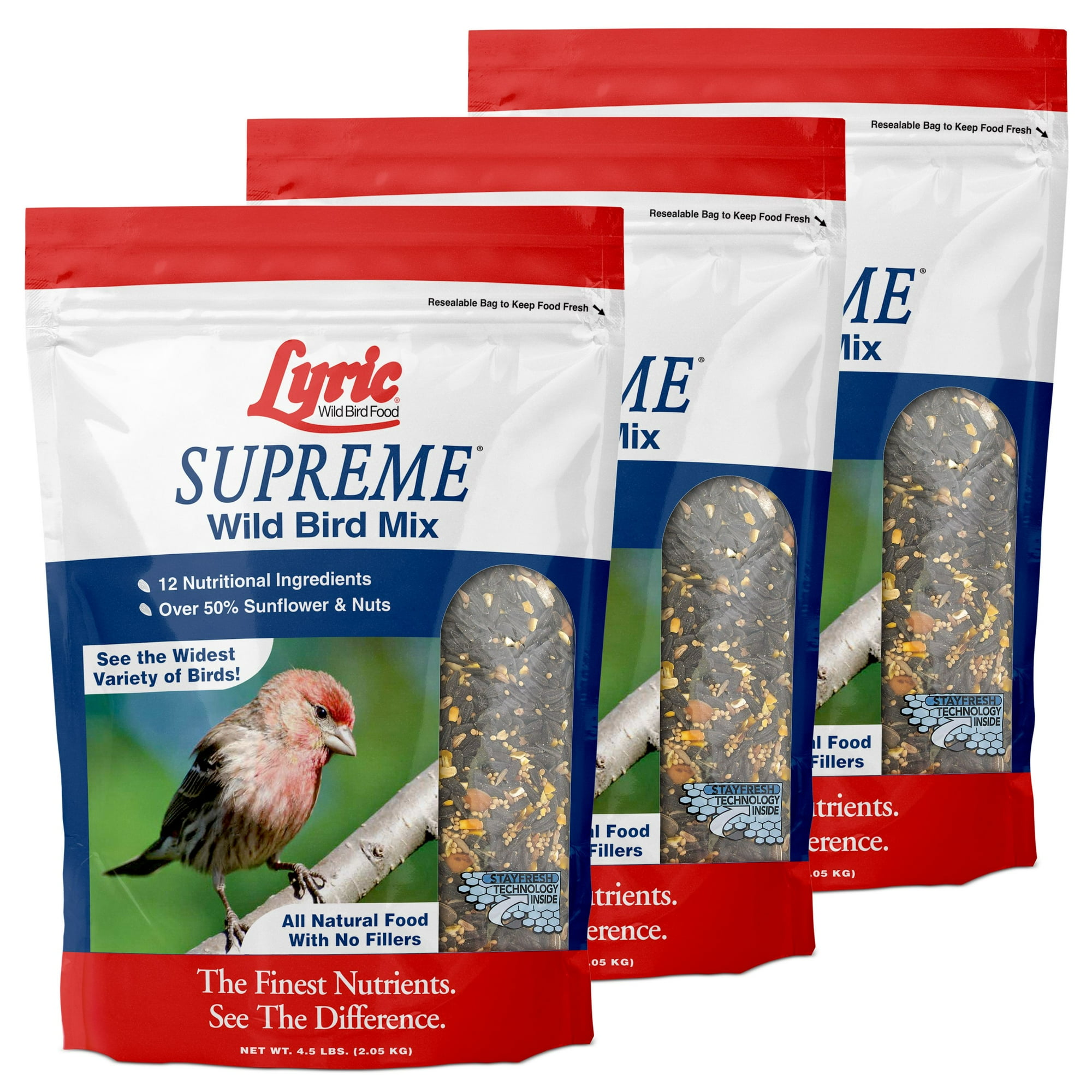 Lyric Supreme Wild Bird Seed - Wild Bird Food Mix with Nuts & Sunflower Seeds - Attracts Many Beautiful Songbirds - 13.5 lb. (case Pack of 3-4.5 lb. Bags)
