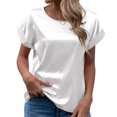 thumbnail image 3 of Blusa de manga corta Cuello redondo Color puro Casual Cómodo Transpirable Top agradable para la piel para mujer Blanco L, 3 of 6