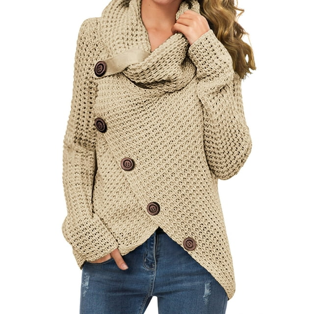 Jersey GRECERELLE de punto grueso con cuello alto para mujer, color caqui, talla M